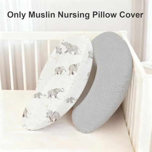 Image of Little Grape Land Muslin Nursing Pillow Covers 2 Pack, 100% Cotton Removable Breastfeeding Pillow Covers, Feeding Pillow Slipcovers for Baby Boys & Girls, (Elephant)
