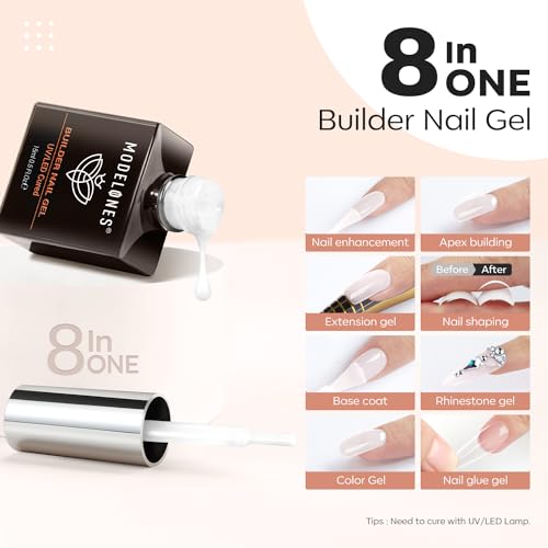 Modelones Builder Gel, Milky White Gel Builder for Nails, 8-in-ONE Builder Nail Gel Strengthener LED Hard Gel Color Base Gel Builder Gel in a Bottle 15ML Gift for Women - Image 4
