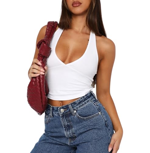 Kukeyiee Women Sexy Crop Tops Sleeveless Deep Workout Tops Casual Cropped Deep V Neck Tank Top (White-88,M)