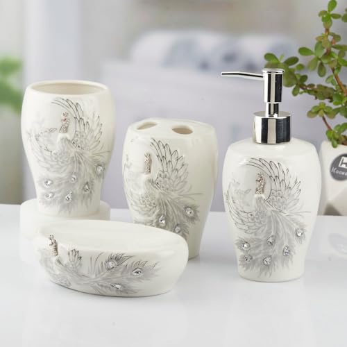 Image of Kookee Ceramic Bathroom Accessories Set of 4 | Soap Dispenser & Toothbrush Holder | Modern Luxury Bath Set | White & Silver Gift Set (10095)