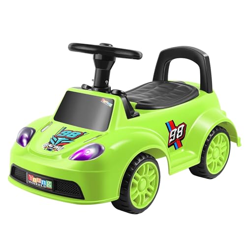 Image of Kids Ride On Green Car for Toddlers with Steering Wheel & Backrest | Foot to Floor Baby Push Car | Indoor Outdoor | Strong Wheels & Comfortable Seat | Racing Design for Boys & Girls (1-3 Years)