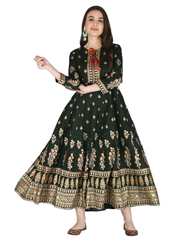 Image of Aj Art Anarkali Kurti for Women and Girls Floral Golden Print Regular Slim Fit Rayon Blue (Set of 1)