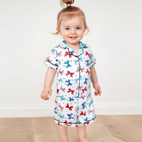 MAINESAKA Toddler Baby Girl Boy Satin Pajama Set Patriotic 4th Of July Pajamas Button Down Top + Shorts Pjs Summer Sleepwear2