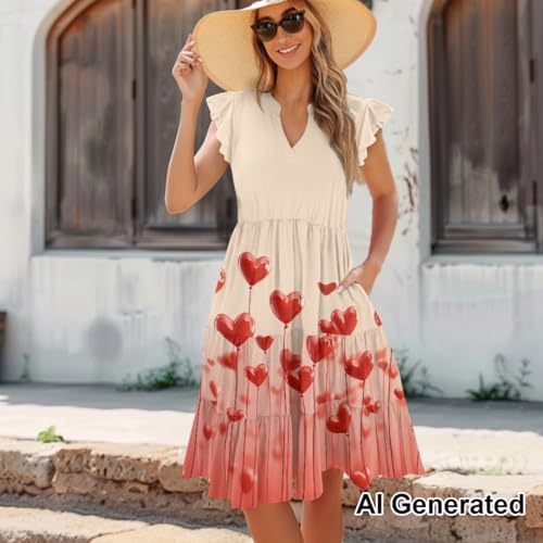 Image of Women's Casual Ruffle Sleeve Dress V Neck Pullover Dress Flowy A-Line Pleated Lightweight Dress with Pockets