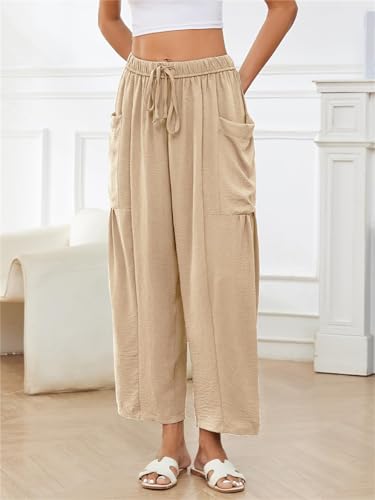PAODIKUAI Women's Summer Wide Leg Pants Casual Loose Beach Drawstring Waist Palazzo Trousers with Pockets2