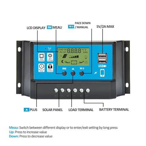Regulador panel solar 60A PWM 12V 24V con salida USB dual y pantalla digital LCD 4