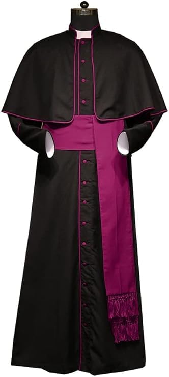 BARGAIN MEGHASHOP Men's Roman Cassock Robe WithTrim Clergy Pulpit Long Cassock Church Uniform Catholic Robe Coaplay Costume Size-(S-6XL) (Black-purple Trim, Large)