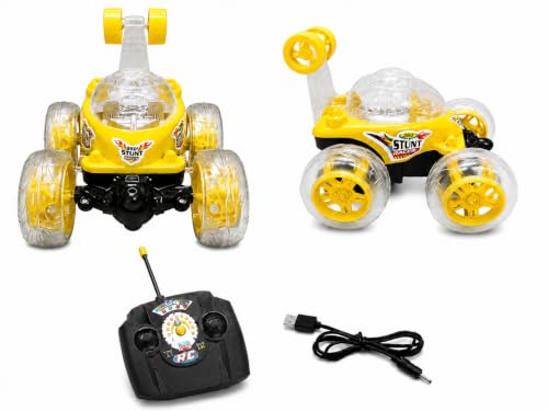 Image of Rechargeable 360 RC Stunt Car for Kids | Double-Sided High-Speed Remote Control Car with LED Lights | Rechargeable Battery Type C Charging (Yellow)