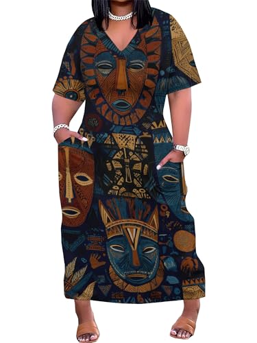 Image of Plus Size Maxi Dress for Women Short Sleeve V Neck Casual Loose Sundress with Pockets
