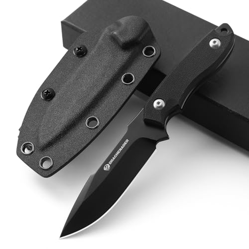 DRACHENADER EDC cuchillo de hoja fija, acero Full Tang D2 EDC cuchillo pequeño de hoja fija con funda Kydex para transporte horizontal/vertical, todo negro