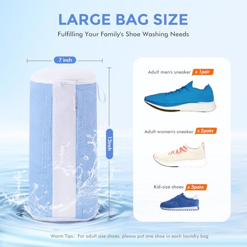 Image of Teletrogy Shoe Washing Machine Bag 2Pcs - Reusable Laundry Bags for Washer & Dryer, 360 Deep Clean & Large Size Plush Fibers for Sneakers, Tennis Shoes, Kids Footwear, Durable Invisible Zipper (Blue)