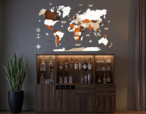 Image of AD INFINITUM 3D Wooden Map of The World | Home Decor | Office Decor | A great gift for travelers | Wall decor Country names with Borders (Multicolor Multilayer, 4x3 Feet, WORLD MAP)