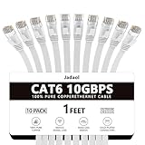 Cat 6 Ethernet Cable 1 ft – Flat Solid Internet Network Cable– Short Durable Computer netwokr Cord - Cat6 High Speed RJ45 Patch LAN Wire for Modem, Router, Switch, Server, ADSL, 1 Feet White, 6 Pack