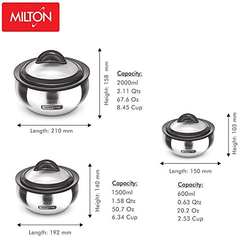 Milton 3 Pcs Casseroles Set With Lid And Stainless Steel - 600/1500/2000 Ml 3 Pcs Thermo Hot-Pot Insulated Casserole Gift Set #TOP3