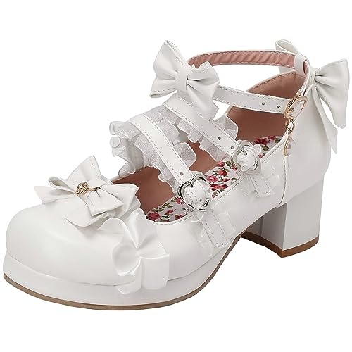 LUXMAX Women Cute Kawaii Shoes Lolita Mary Janes Chunky Heel Ankle Strap Pumps with Bow Buckle Sweet Pumps