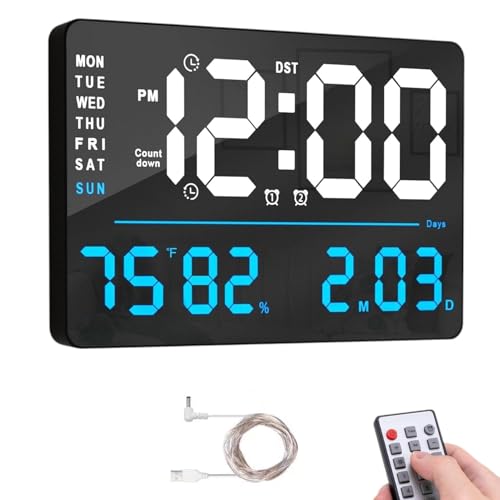 Image of Digital Wall Clock - Large Blue LED Display, Dual Alarms, Auto Brightness, Date, Day & Temperature, Remote Control, Plastic Square Design for Home, Office & Bedroom