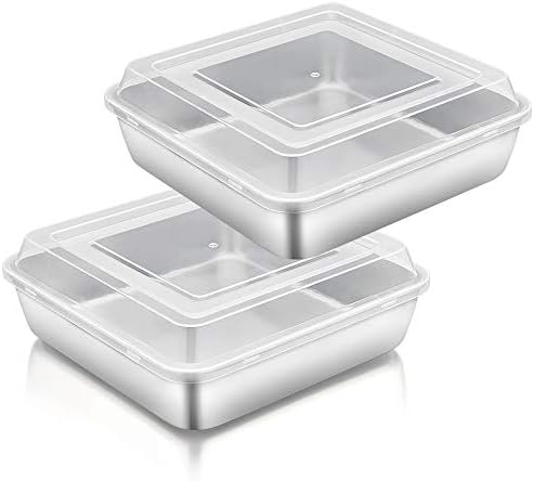 TeamFar Square Cake Pan with Lid(2 Pans & 2 Lids), 8 Inch Stainless Steel Square Baking Pan Cake Brownie Pan with Lid For Meal Prep Storage Transporting Food, Healthy & Durable, Dishwasher Safe