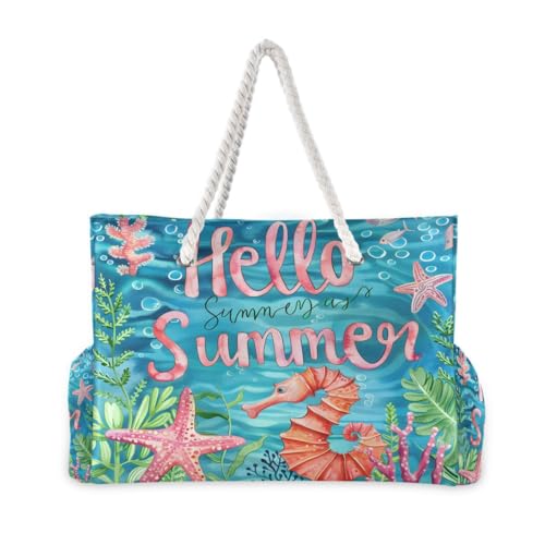 Image of Beach Tote Bags for Women, Turtle Flower Starfish Large Beach Shoulder Bag Pool Bags Purse