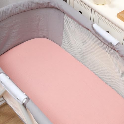 Image of Onacosht Muslin Bassinet Sheets 3 Pack for Baby Girl, Pink and Floral | Skin-friendly, 100% Cotton Bassinet Fitted Sheets, 33 inch X 17 inch, Universal Size for Standard Oval & Rectangle Bassinet Mattress