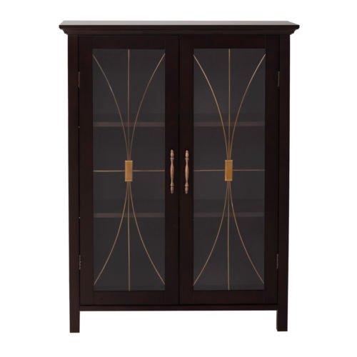 Dark Espresso Two Glass Doors Floor Cabinet, This Elegant Piece of Home Furniture Provides Plenty of Storage Room
