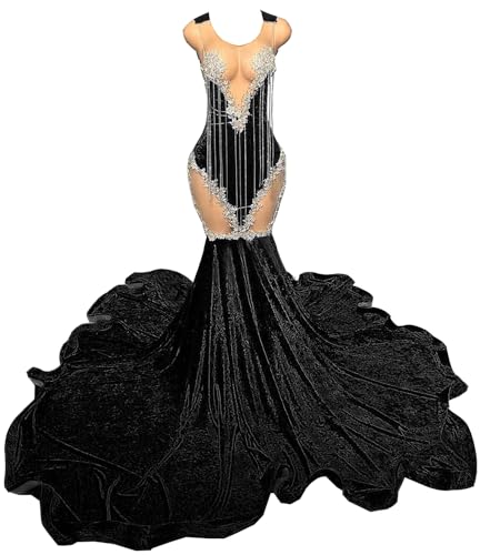 Prom Dresses Beaded Applique Tassels Pageant Sleeveless Mermaid Celebrity Velvet Evening Dress