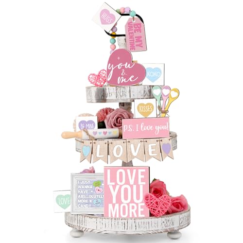 Marsui 19 Pcs Pastel Valentine's Day Tiered Tray Decor Set, Conversation Candy Heart Wood Signs with Love Be Mine, Sweet Colorful Valentines Table Decor for Home Kitchen Living Room