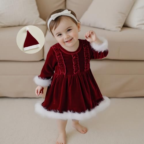 Baby Girl Christmas Outfit Santa Romper Dress Long Sleeve Red Velvet Princess Dresses Christmas Party Dress3