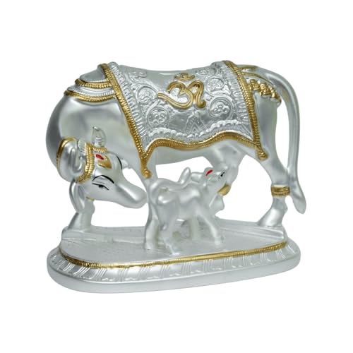 Image of Silver Plated Om Cow and Calf Idol | Kamadhenu with Calf on Engraved Base | Sacred Silver Cow Figurine for Pooja, Vastu & Gifting | Spiritual Home Decor | 15.3 x 9 x 12.3 cm