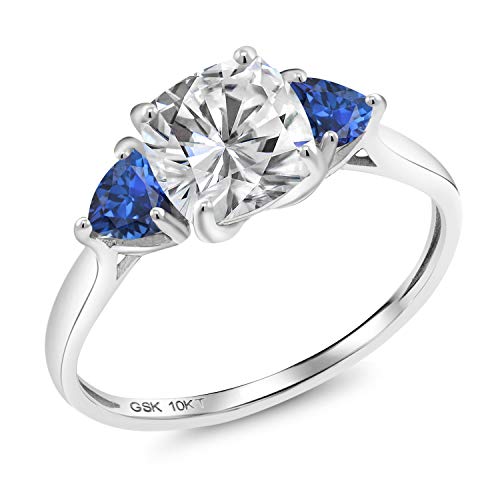 Gem Stone King 10K White Gold White Moissanite and Blue Created Sapphire 3-Stone Engagement Ring For Women (2.24 Cttw, 7MM Cushion and 4MM Trillion, Size 7)