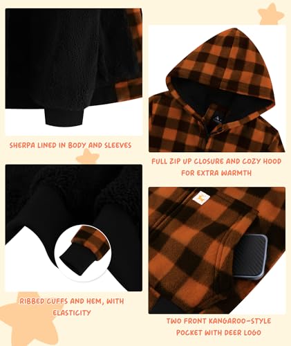 Image of V VALANCH Boys Flannel Jacket Hooded Fleece Lined Zip-up Hoodies Plaid Coat for Kids