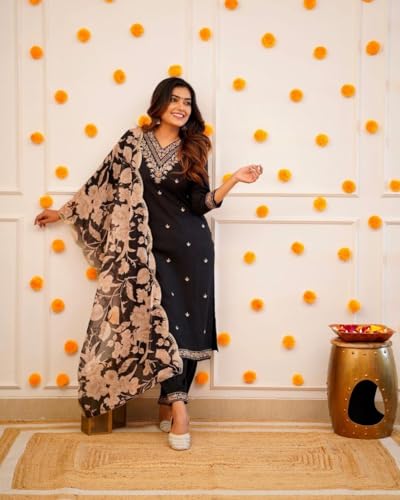 Image of Women Afghani Viscose Rayon Kurta Pant Dupatta Set with Embroidered Neck Work and Floral Print Organza Dupatta | Ethnic Straight Suit Set