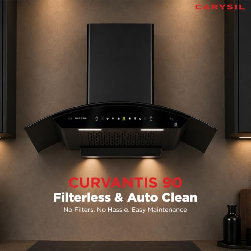Image of Carysil Curvantis 90 cm Kitchen Chimney, Curved Shape, 1500 m /hr Suction, Auto-Clean Filterless, 3-Speed Touch & Gesture Control, LED Lamp, 10-Year Warranty - Black