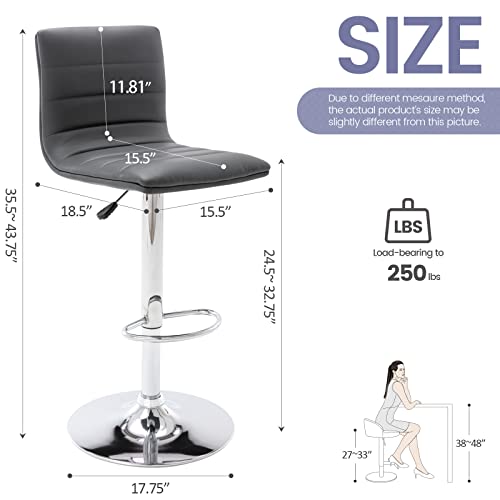 Vogue Furniture Direct Pu Leather Bar Stools, Modern Square Adjustable Swivel Barstools With Back, Armless Airlift Counter Height Bar Chairs For Kitchen Dining Set Of 2 (Grey) #TOP2