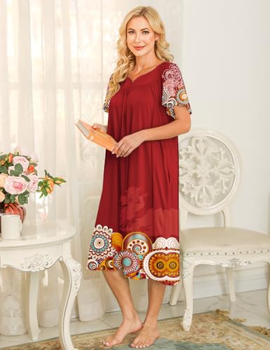 Image of Bloggerlove Mumu House Dress for Women with Pockets Short Sleeve Nightgowns | 15% Cotton, 80% Polyester, 5% Spandex, Floral Mumu House Dress, V-Neck, Short Sleeves, Midi Length, 2 Side Pockets, Lounging