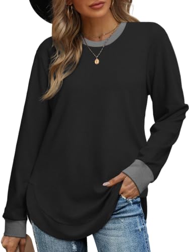 Image of OFEEFAN Womens Sweatshirt Crewneck Long Sleeve Shirts High Low Tops Curved Hem