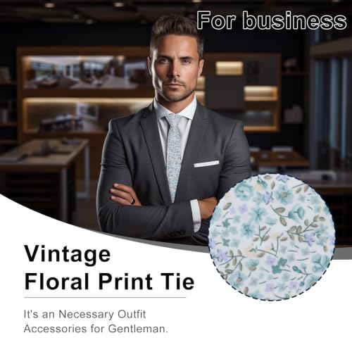 Image of Luckyvestir Ties for Men, Sage Green Cotton Floral Tie 2.76 inch Flower Printed Men's Neckties for Wedding /Groomsmen /Suit /Party
