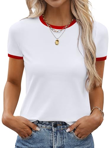 SOFIAS CHOICE Womens Ringer Tee Summer Casual Contrast Binding Short Sleeve T Shirt White Red Small