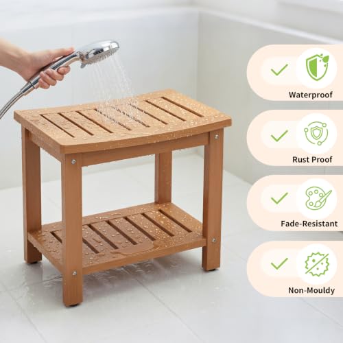 Image of Psilvam 21 inch Poly Lumber Shower Bench Seat, Waterproof Shower Stool, Teak