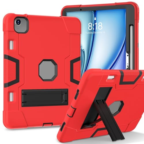 Coque iPad Air 11 M4 en silicone rouge et noir avec porte-stylet et protection 360