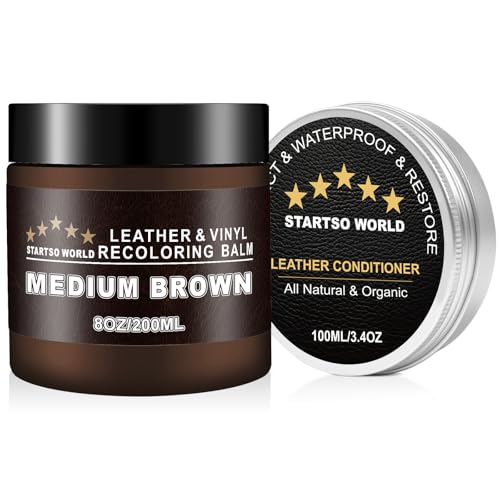 STARTSO WORLD Leder Reparatur Set Medium Braun mit Lederfett, 200ml Flüssigleder, Lederfarbe, Lederpflege Auto, Leder- & Vinyl-Reparaturset für Möbel, Couchen, Sofas, Autositze, Schuhe