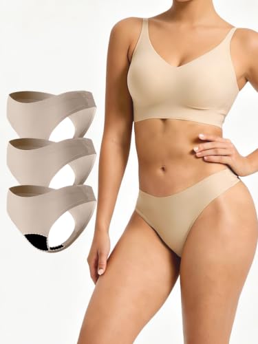 La LiVita Seamless Thong Period Underwear for Women Teens Light Flow Moisture Wicking Side Leak Prevention Panties 3 Pack Beige