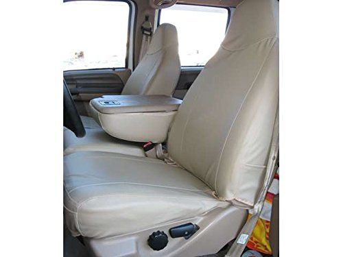 Durafit Seat Covers Made to fit 1999-2007 Ford F250-F550 Front 40/20/40 Split Seat Covers in Beige Leatherette with Pointed Molded Headrests and Opening Console