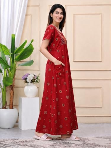 Image of Women's Pure Cotton Maxi Nighty, Jaipuri Embroidery Print, Short Sleeve Night Gown with Pocket