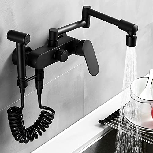 Grifo de cocina de pared negro en latón giratorio y extensible 7