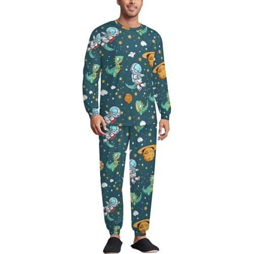 Dinosaur Astronaut Cute Men's Crew Neck Pajama 2 Piece Set Long Sleeve Loungewear Top And Bottom