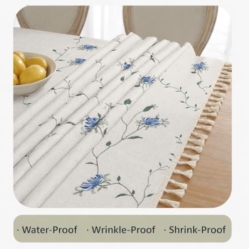 Image of Cortina Tablecloth for Dining Table Waterproof Table Cover, Cotton Linen Fabric Rectangle Tablecloth (White Floral, 6 Seater)