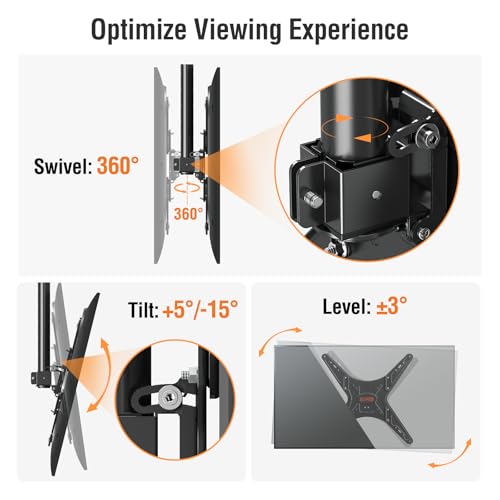 Image of ELIVED Outdoor Ceiling TV Mount for Most 26-65 Inch TVs, Weatherproof TV Hanging Bracket Anti-Rust for Patio, Height Adjustable Ceiling Mount 360 Swivel and Tilt, Max VESA 400x400mm Up to 99 lbs.