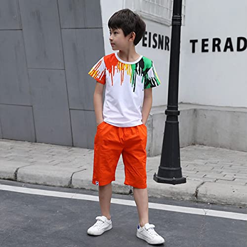 Onlyangel Boys Colorful Outfits Short Sleeve Top & Elastic Waist Shorts Set Age 4-11 (8-9 Years, Orange) #TOP1