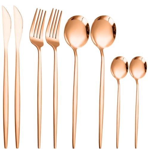 Image of 8 pcs Flatware Set,Rose Gold Silverware Set for 2, Knife Fork Spoon, Stainless Steel Home Dinnerware Tableware,Mixed Cutlery Set Eating Utensils for Restaurants (8 Pcs Rose Gold)