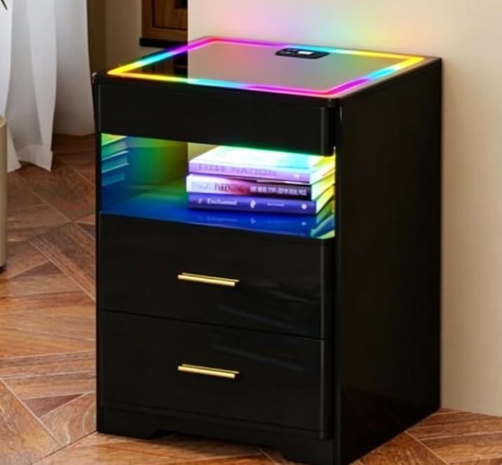 Gurexl RGB Bedside Tables with Hidden drawers and Glass Top,Black